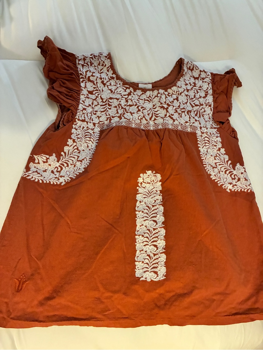 Girls Rust Embroidered Flutter-Sleeve Dress